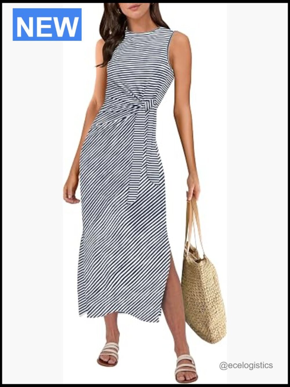 Sleeveless Midi Dress with Tie Waist and Slit - Slim Fit Casual Tank Dress